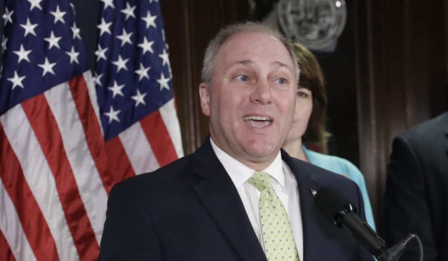 In this June 13, 2017, file photo, House Majority Whip Steve Scalise, R-La., speaks at Republican National Committee Headquarters on Capitol Hill in Washington. (AP Photo/J. Scott Applewhite, File)