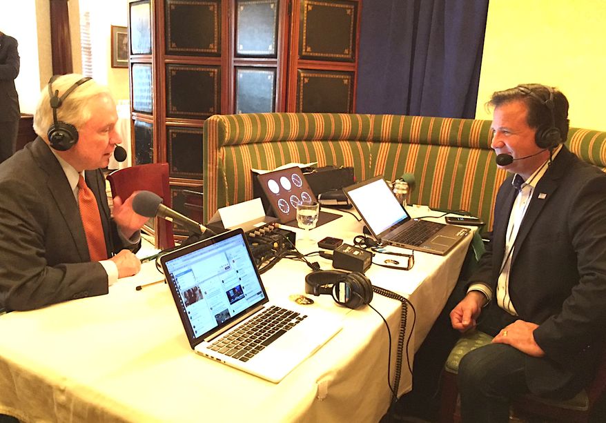Talk radio host Lars Larson interviews then-Sen. Jeff Sessions during the 2016 "Hold Their Feet to the Fire" broadcast event organized by the Federation for Immigration Reform. This year's event begins on Capitol Hill Wednesday, June 28. (Lars Larson)