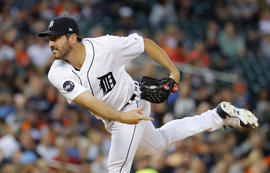 Detroit Tigers pitcher Justin Verlander follows through on a delivery to the Kansas City Royals during the sixth inning of a baseball game in Detroit, Tuesday, June 27, 2017. (AP Photo/Paul Sancya)