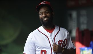 Washington Nationals&#39; Brian Goodwin looks on from the dugout before a baseball game against the Chicago Cubs, Monday, June 26, 2017, in Washington. (AP Photo/Nick Wass)