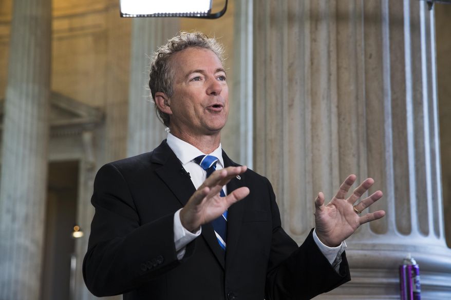 Sen. Rand Paul, R-Ky., a key opponent of the Republican health care bill, does a television news interview on Capitol Hill in Washington, Wednesday, June 28, 2017, the day after Senate Majority Leader Mitch McConnell of Ky. was forced to delay a vote due to rebellion in his own party,  (AP Photo/J. Scott Applewhite)