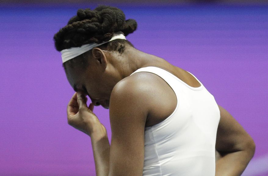 FILE - In this Feb. 2, 2017, file photo, Venus Williams reacts during her match against Kristina Mladenovic at the St. Petersburg Ladies Trophy-2017 tennis tournament in St. Petersburg, Russia. Florida police said Thursday, June 29, 2017, that Williams was in a car crash earlier this month. He said the June 9th crash was under investigation, but declined to give further details. (AP Photo/Dmitri Lovetsky, File)