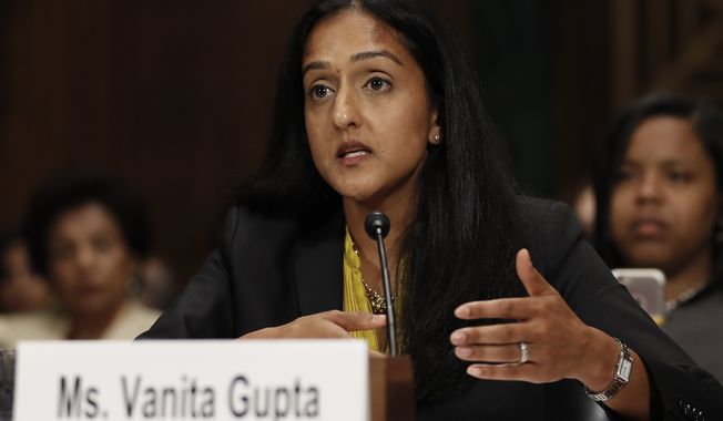 Vanita Gupta, incoming president and CEO for the Leadership Conference for Civil and Human Rights, testifies on Capitol Hill in Washington on May 2, 2017, at a Senate Judiciary Committee hearing on responses to the increase in religious hate crimes. (Associated Press) **FILE**