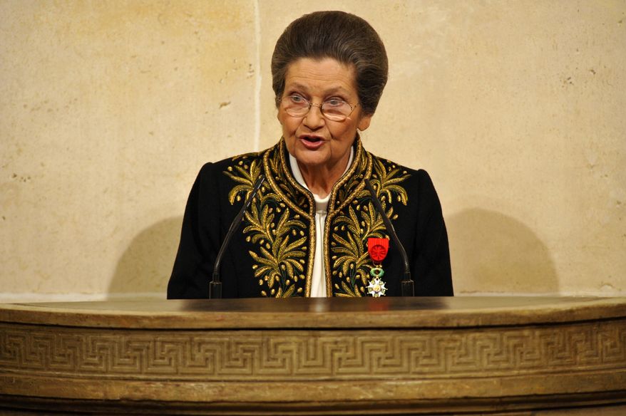 FILE - In this March 18, 2010 file photo, Simone Veil, dressed in the French Academician's uniform, delivers her speech at the Institut de France before a ceremony in Paris. Simone Veil, a Nazi death camp survivor and prominent French politician who spearheaded abortion rights, dies at age 89. (Philippe Wopjazer, Pool photo via AP, File)