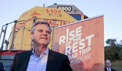 ADVANCE FOR USE SATURDAY, JULY 1, AND THEREAFTER – FILE – In this Oct. 3, 2016, file photo, Steve Case, co-founder and former chairman and CEO of AOL Inc., poses in front of a Union Pacific locomotive as he kicks off his &amp;quot;Rise of the Rest&amp;quot; startup bus tour in Omaha, Neb. As part of his &amp;quot;Rise of the Rest&amp;quot; bus tour to invest in entrepreneurs and startup firms, Case plans to visit the south-central Pennsylvania cities of Harrisburg, Lancaster and York on Oct. 10, 2017, joined by venture capitalist J.D. Vance, author of the best-selling memoir &amp;quot;Hillbilly Elegy.&amp;quot; (AP Photo/Nati Harnik, File)