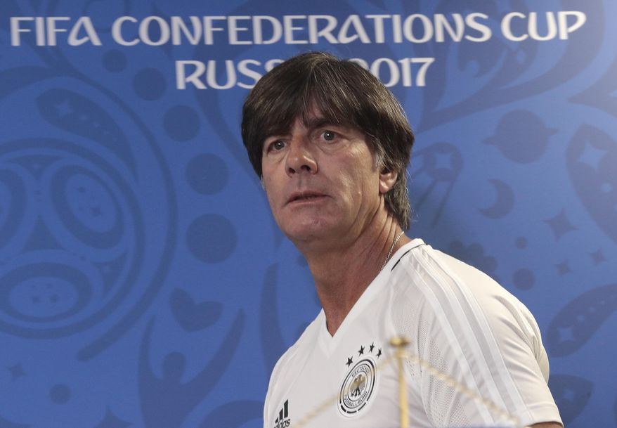 Germany coach Joachim Loew arrives for a news conference at the St. Petersburg Stadium, Russia, Saturday, July 1, 2017. Germany will play Chile in the Confederations Cup final soccer match scheduled for Sunday, July 2, 2017 in St. Petersburg. (AP Photo/Dmitri Lovetsky)