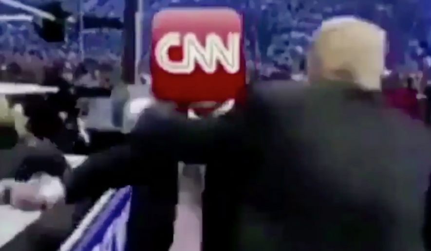 A doctored video of Donald Trump attacking WWE chief Vince McMahon, with the CNN logo superimposed over Mr. McMahon’s face. (twitter.com/@realdonaldtrump) **FILE**