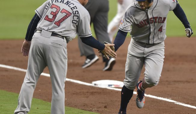Houston Astros&#x27; George Springer celebrates a run with Astros Triple-A manager Tony DeFrancesco during the third inning of a baseball game against the Atlanta Braves, Tuesday, July 4, 2017, in Atlanta. (AP Photo/Richard Hamm)