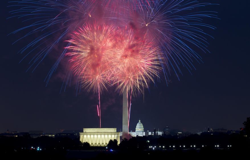 Fireworks explode over Lincoln Memorial, Washington Monument and U.S. Capitol, at the National Mall in Washington, Tuesday, July 4, 2017, during the Fourth of July celebration. (AP Photo/Jose Luis Magana)
