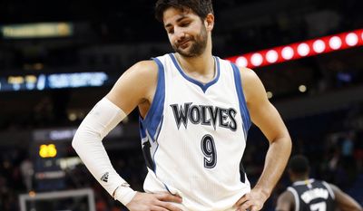 FILE - In this April 1, 2017, file photo, Minnesota Timberwolves&#39; Ricky Rubio reacts in the closing seconds as the Timberwolves lost to the Sacramento Kings 123-117 in an NBA basketball game in Minneapolis. After six years in Minnesota, Ricky Rubio is saying goodbye. The seemingly endless rumors finally came to fruition when he was traded to the Utah Jazz last week. (AP Photo/Jim Mone, File)