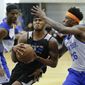 Orlando Magic&#39;s Marcus Georges-Hunt, center, drives to the basket between New York Knicks&#39; Damyean Dotson, left, and Jamel Artis (26) during the second half of an NBA summer league basketball game, Wednesday, July 5, 2017, in Orlando, Fla. (AP Photo/John Raoux)