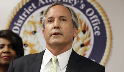 FILE - In this June 22, 2017 file photo, Texas Attorney General Ken Paxton speaks at a news conference in Dallas. Paxton has raised more than $500,000 to pay for private attorneys who are defending him on criminal securities fraud charges. Financial statements released Wednesday, July 5, 2017, show that the Republican last year received donations for his legal bills not just from Texas but from individuals and groups in Arizona, Arkansas and Virginia. (AP Photo/Tony Gutierrez, File)