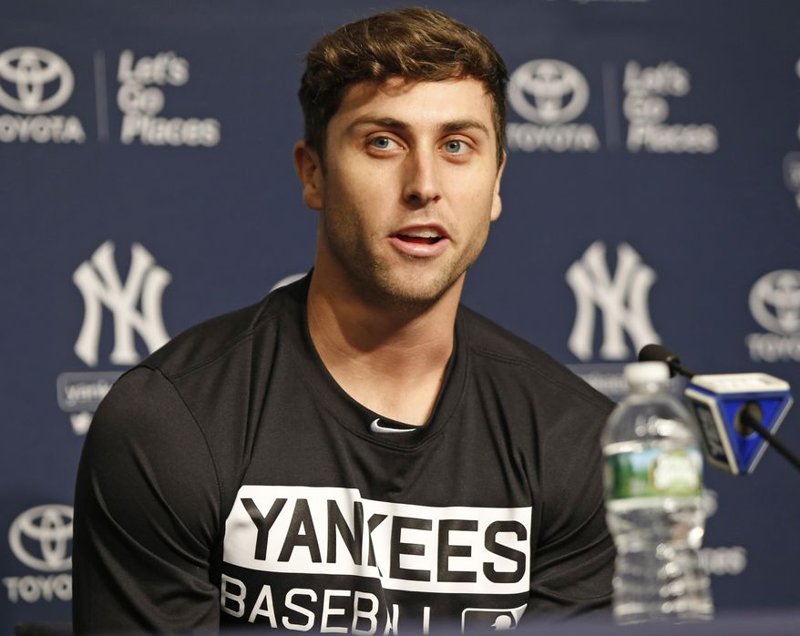 New York Yankees outfielder Dustin Fowler speaks to the media during a press conference at Yankee Stadium in New York, Wednesday, July 5, 2017. Fowler ruptured his right patellar tendon last Thursday after crashing into the outfield wall in the first inning of his major league debut in Chicago.  (AP Photo/Kathy Willens)