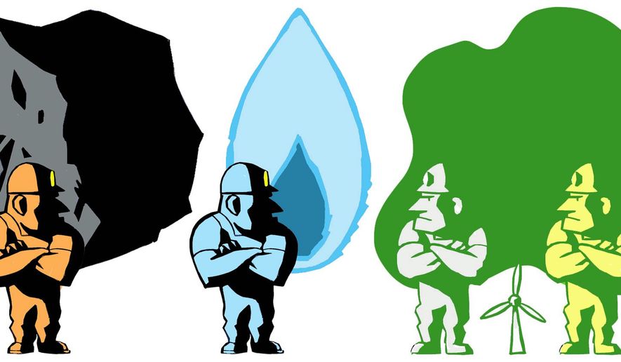 Illustration on the relative efficiency of American energy sources by Alexander Hunter/The Washington Times