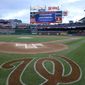 The scoreboard shows that the start of the baseball game between the Washington Nationals and the Atlanta Braves has been delayed, Thursday, July 6, 2017, in Washington. (AP Photo/Nick Wass)