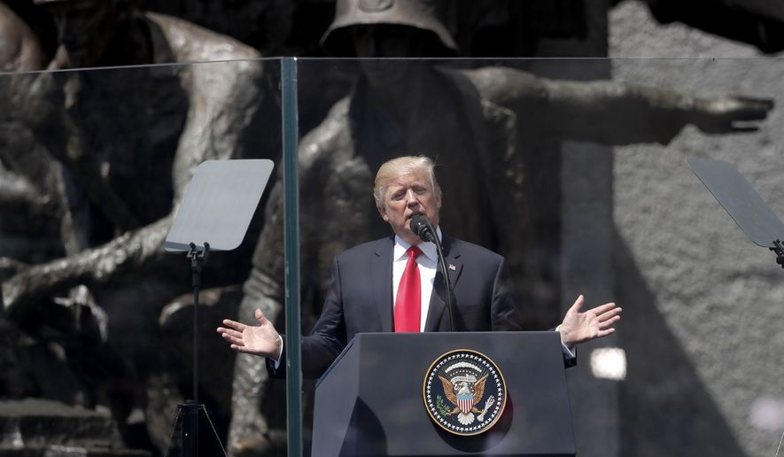 U.S. President Donald Trump delivers a speech in Krasinski Square, in Warsaw, Poland, Thursday, July 6, 2017.(AP Photo/Petr David Josek)