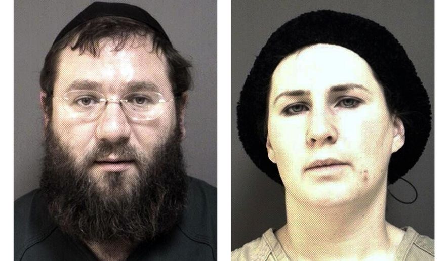 FILE - This combination of photos provided by the Ocean County prosecutor's office shows Zalmen Sorotzkin, left, and his wife, Tzipporah, in Toms River, N.J., after their arrest on Monday, June 26, 2017. They and two other married couples are charged with conspiring to fraudulently obtain public welfare benefits. (Ocean County Prosecutor's Office via AP)