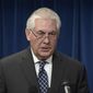 In this March 6, 2017, file photo, Secretary of State Rex Tillerson makes a statement on issues related to visas and travel at the U.S. Customs and Border Protection office in Washington. (AP Photo/Susan Walsh, File)