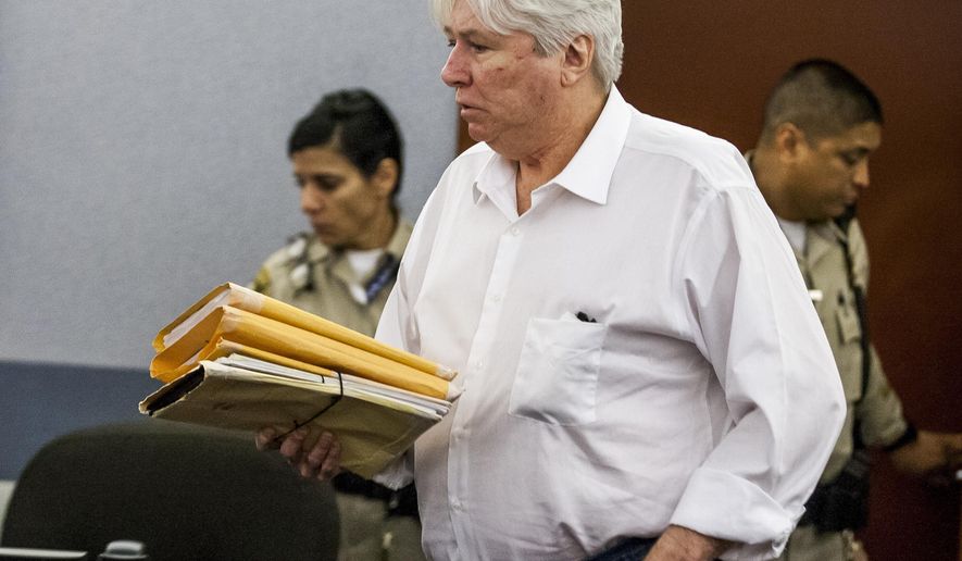 In this Wednesday, July 5, 2017 photo, Thomas Randolph walks into the courtroom before he was sentenced to death by jurors during the penalty phase of his murder trial at the Regional Justice Center in Las Vegas. Last week, the same jury found Randolph guilty of murder and conspiracy in the May 2008 slayings of Sharon Causse and Michael James Miller. (Patrick Connolly/Las Vegas Review-Journal via AP)