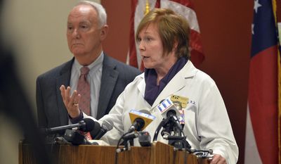 This photo taken Oct. 3, 2014, shows Dr. Brenda Fitzgerald, commissioner of the Georgia Dept of Public Health, talking about precautions the public can take against Ebola infection during a news conference at the Cobb County Jail in Marietta, Ga.  Fitzgerald, has been named director of the Centers for Disease Control and Prevention. She replaces Dr. Tom Frieden, who resigned earlier this year at the start of the Trump administration. Health and Human Services Secretary Tom Price, MD, announced Friday, July 7, 2017, Fitzgerald as the 17th permanent director of the Centers for Disease Control and Prevention (CDC) and administrator for the Agency for Toxic Substances and Disease Registry (ATSDR). (Kent D. Johnson /Atlanta Journal-Constitution via AP)