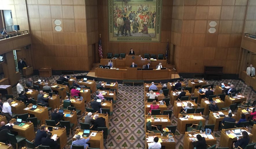Members of Oregon's House of Representatives meet during the last day of the 2017 legislative session on Friday, July 7, 2017. Under a bill the House passed on Friday, government-funded health care will be accessible for more than 14,000 children in Oregon who were brought to the United States illegally. The Senate approved the bill earlier, and Gov. Kate Brown is expected to sign it. (AP Photo/Andrew Selsky)