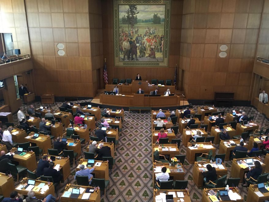 Members of Oregon's House of Representatives meet during the last day of the 2017 legislative session on Friday, July 7, 2017. Under a bill the House passed on Friday, government-funded health care will be accessible for more than 14,000 children in Oregon who were brought to the United States illegally. The Senate approved the bill earlier, and Gov. Kate Brown is expected to sign it. (AP Photo/Andrew Selsky)