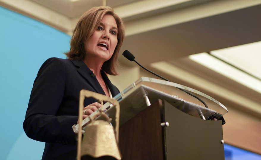 Ohio Lt. Gov. Mary Taylor speaks before a gathering of Republicans at the City Club of Cleveland in Cleveland, Friday, July 7, 2017. Taylor announced her entry into Ohio's crowded 2018 gubernatorial race Friday, with the promised backing of GOP Gov. John Kasich. (AP Photo/Dake Kang)