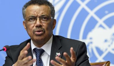 FILE - A Wednesday, May 24, 2017 file photo showing Tedros Adhanom Ghebreyesus, director general of the World Health Organization (WHO), answering questions from journalists at the European headquarters of the United Nations in Geneva, Switzerland. The new head of the World Health Organization said he is reviewing the agency&#39;s travel expenses, after an Associated Press story last month revealed the U.N. agency spends more on travel than on fighting AIDS, malaria and tuberculosis combined. (Martial Trezzini/Keystone via AP, File)