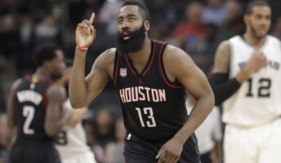 CORRECTS TERMS OF CONTRACT - FILE - In this May 9, 2017, file photo, Houston Rockets guard James Harden (13) gestures during Game 5 in the team&#39;s second-round NBA basketball playoff series against the San Antonio Spurs in San Antonio. The Rockets signed Harden to a four-year contract extension for about $160 million Saturday, July 8, giving him a total six-year deal with $228 million guaranteed. With Harden under contract on his existing deal for another two seasons, the extension will not affect Houston&#39;s aggressive pursuit of free agents this summer as the Rockets try to make a run at the Golden State Warriors. (AP Photo/Eric Gay, File)