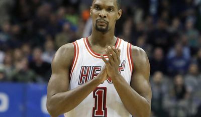 FILE - In this Feb. 3, 2016, file photo, Miami Heat forward Chris Bosh reacts to a call during the second half of an NBA basketball game against the Dallas Mavericks, in Dallas. Bosh has written an open letter to Miami, thanking the city for supporting him for the past seven years. Bosh published the letter on Sunday, July 9, 2017, without any mention of his current health status or any plans for his basketball future. He was waived by the Heat last week, and hasn&#39;t been able to play in an NBA game since February 2016. (AP Photo/LM Otero, File)