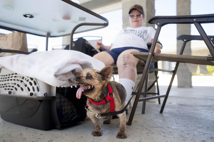 Carole Grassie, recovering from recent knee surgery, rests outside an shelter for wildfire evacuees on Sunday, July 9, 2017, in Oroville, Calif. Authorities issued a mandatory evacuation notice for Grassie's neighborhood Saturday evening as strong winds drove the fire through several communities leveling homes in its path. (AP Photo/Noah Berger)