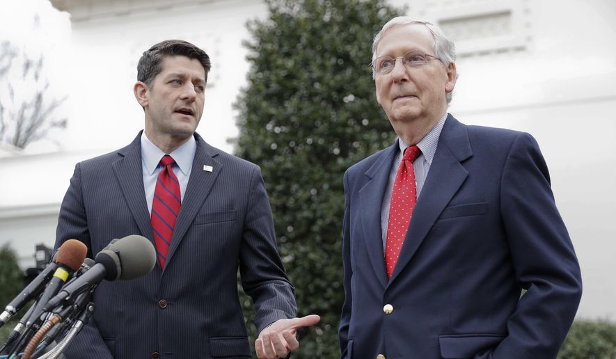 In this Feb. 27, 2017 file photo, House Speaker Paul Ryan of Wis., and Senate Majority Leader Mitch McConnell of Ky. meet with reporters outside the White House in Washington. (AP Photo/Pablo Martinez Monsivais, File) 