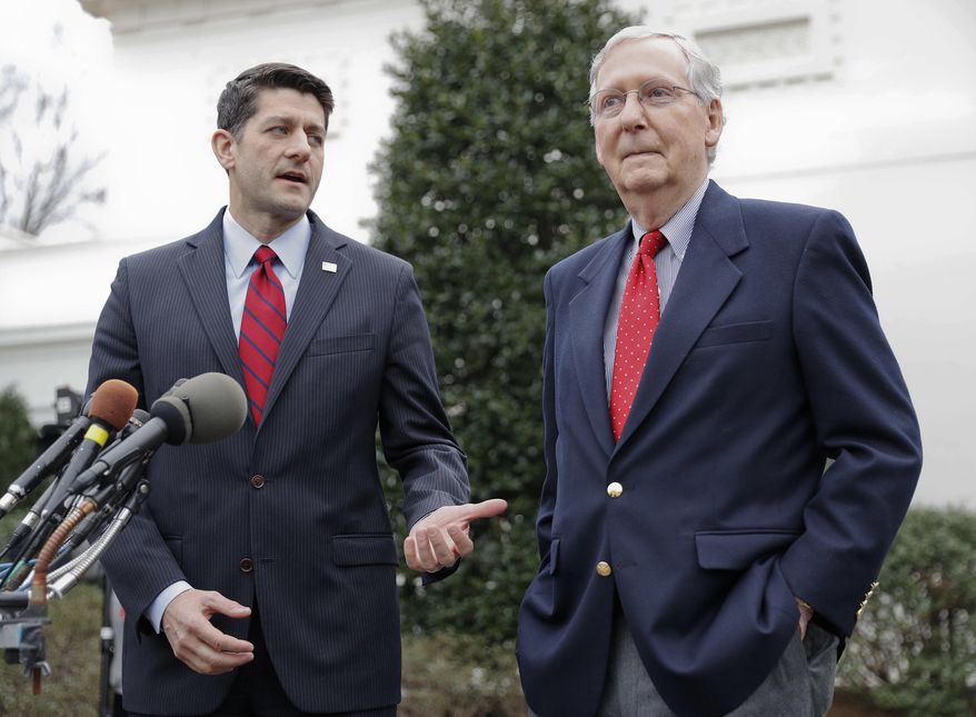 In this Feb. 27, 2017 file photo, House Speaker Paul Ryan of Wis., and Senate Majority Leader Mitch McConnell of Ky. meet with reporters outside the White House in Washington. (AP Photo/Pablo Martinez Monsivais, File) 