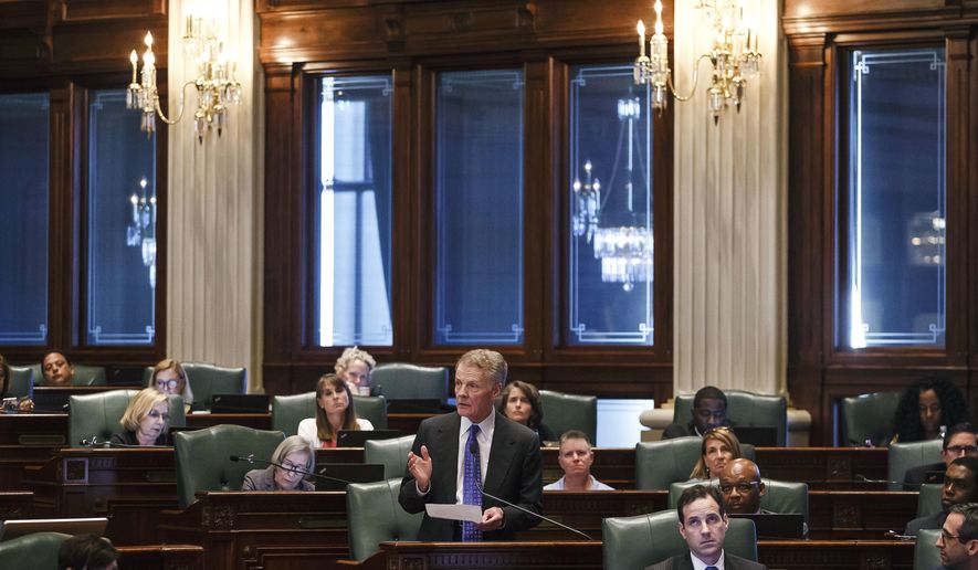 FOR USE MONDAY JULY 10, 2017 AND THEREAFTER - FILE - In this July 6, 2017 file  photo, Illinois Speaker of the House Michael Madigan, D-Chicago, gives a speech following the Illinois House voting to override Gov. Rauner&#x27;s veto and pass a budget for the first time in two years at the Illinois State Capitol, in Springfield, Ill. Democratic Comptroller Susana Mendoza&#x27;s staff estimates she will be able to cover expenses in August. The law allows for borrowing or taking $1.5 billion from other state funds in the interim. (Justin L. Fowler/The State Journal-Register via AP)