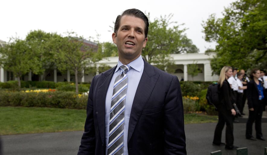 In this April 17, 2017, file photo, Donald Trump Jr., the son of President Donald Trump, speaks to media during the annual White House Easter Egg Roll on the South Lawn of the White House in Washington. At the heart of Donald Trump Jr.’s unusual campaign-season meeting with a Russian lawyer was an obscure sanctions law that has infuriated the Kremlin. The Magnitsky Act, passed by Congress in 2012, was a U.S. response to the dubious death of a different Russian lawyer named Sergei Magnitsky. (AP Photo/Carolyn Kaster, File)