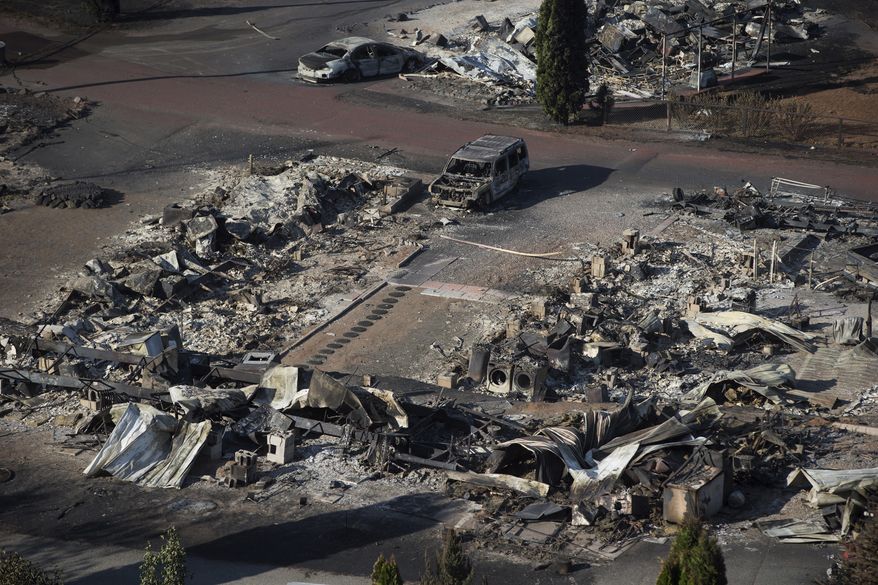The remains of mobile homes destroyed by wildfire sit at a trailer park in Boston Flats, British Columbia, on Sunday, July 9, 2017. (Darryl Dyck/The Canadian Press via AP)