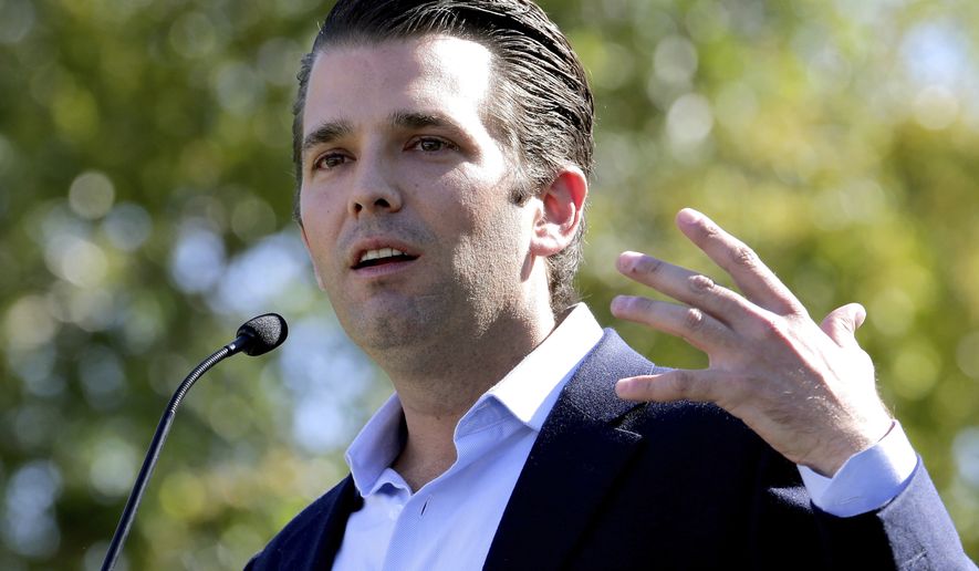 FILE - In this Nov. 4, 2016, file photo, Donald Trump Jr. campaigns for his father Republican presidential candidate Donald Trump in Gilbert, Ariz. Donald Trump Jr. has long been his father’s id, the brawler who has helped fuel the president’s pugilistic instincts and stood firm as one of his fiercest defenders. Now the president’s eldest son is at the center of the firestorm over Russian connections swirling around his father’s administration and trying to fight off charges that he was open to colluding with Moscow to defeat Hillary Clinton.(AP Photo/Matt York, File)