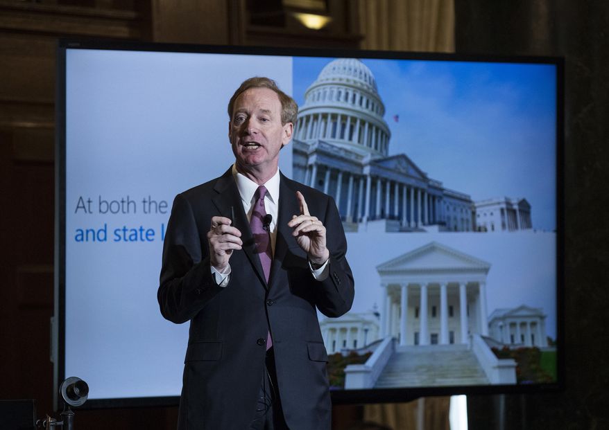Microsoft President and Chief Legal Officer Brad Smith speaks in Washington, Tuesday, July 11, 2017, about Microsoft&#39;s project to bring broadband internet access to rural parts of the U.S. (AP Photo/Carolyn Kaster)
