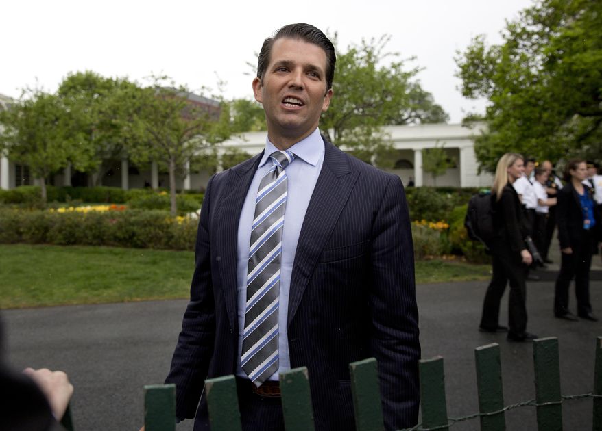 In this April 17, 2017, file photo, Donald Trump Jr., the son of President Donald Trump, speaks to media during the annual White House Easter Egg Roll on the South Lawn of the White House in Washington. (AP Photo/Carolyn Kaster, File)