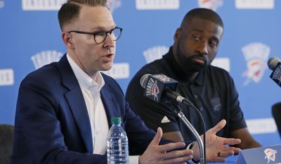 Sam Presti, left, Oklahoma City general manager, answers a question as newly signed guard Raymond Felton, right, looks on, at a news conference in Oklahoma City, Tuesday, July 11, 2017. Oklahoma City is attempting to regain its status as a championship title contender after making a first-round playoff exit in its first season without Kevin Durant, who left for Golden State and helped the Warriors win their second title in three years. (AP Photo/Sue Ogrocki)