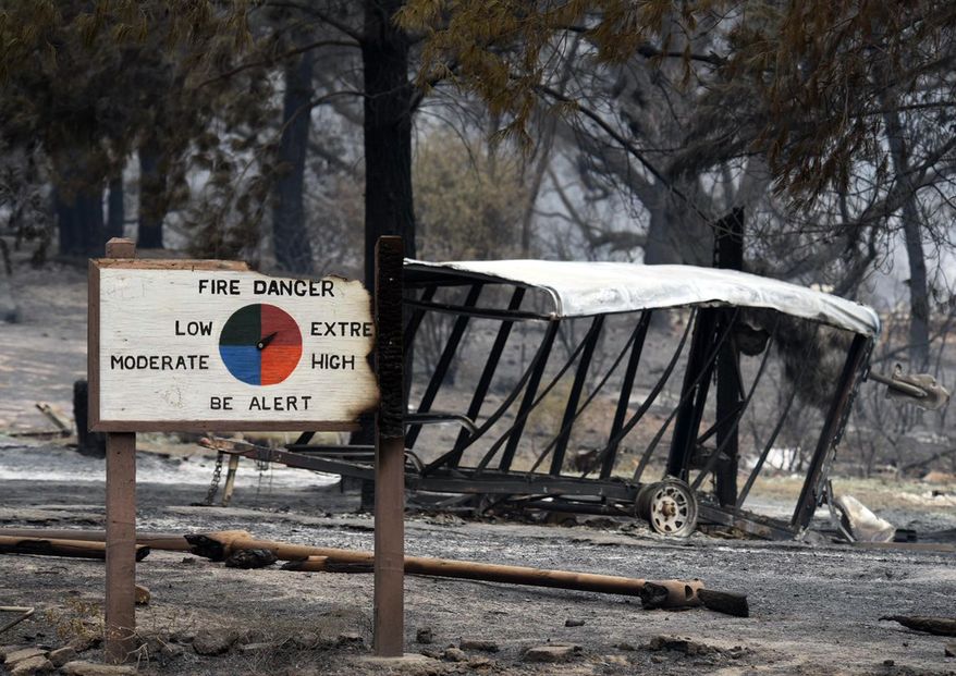 This photo provided by the Santa Barbara County Fire Department shows the Rancho Alegre Outdoor School camp. which suffered extensive damage from the Whittier Fire near Santa Barbara, Calif., Monday, July 7, 2017. In Southern California, thousands of people remained out of their homes as a pair of fires raged at different ends of Santa Barbara County. The fires broke out amid a blistering weekend heat wave that toppled temperature records. (Mike Eliason/Santa Barbara County Fire Department via AP)