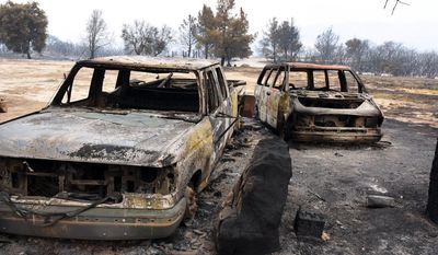 This photo provided by the Santa Barbara County Fire Department shows Rancho Alegre Outdoor School, a camp which suffered extensive damage from the Whittier fire near Santa Barbara, Calif., Monday, July 7, 2017. In Southern California, thousands of people remained out of their homes as a pair of fires raged at different ends of Santa Barbara County. The fires broke out amid a blistering weekend heat wave that toppled temperature records. (Mike Eliason/Santa Barbara County Fire Department via AP)