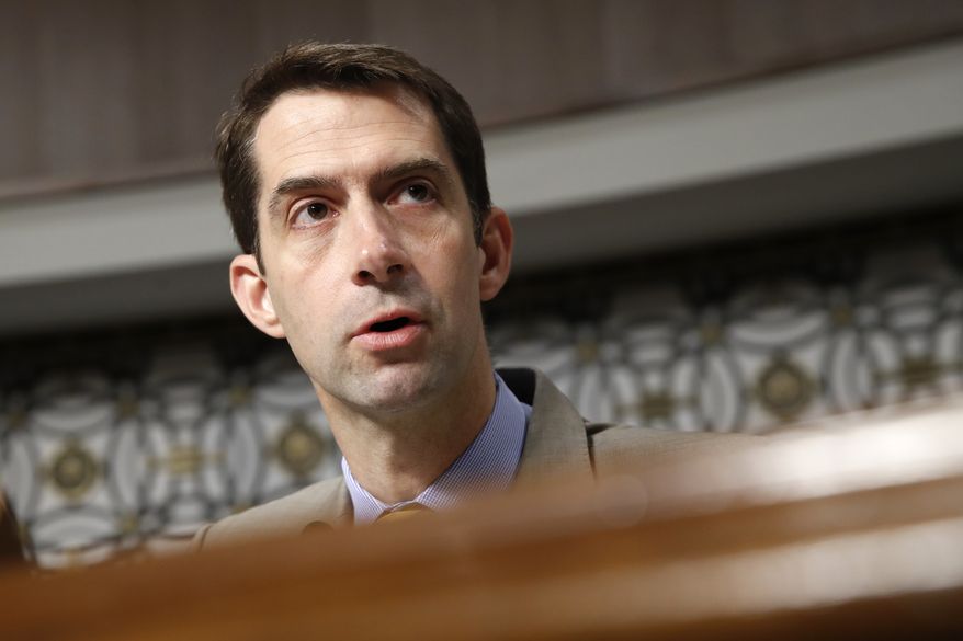Senate Armed Services Committee member Sen. Tom Cotton, R-Ark. questions Navy Secretary nominee Richard Spencer on Capitol Hill in Washington, Tuesday, July 11, 2017, during Spencer's confirmation hearing before the committee. (AP Photo/Jacquelyn Martin)