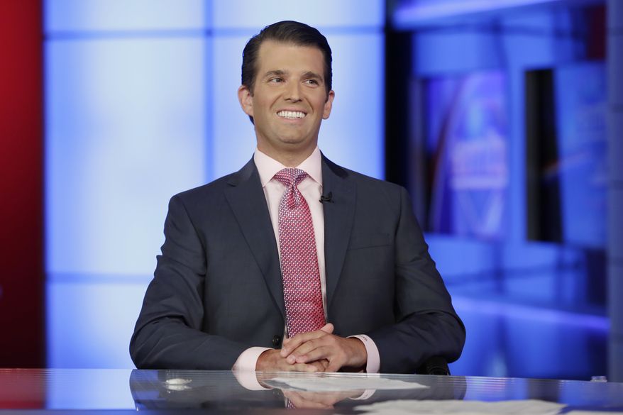 Donald Trump Jr. is interviewed by host Sean Hannity on his Fox News Channel television program, in New York Tuesday, July 11, 2017. (AP Photo/Richard Drew)