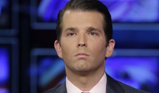 Donald Trump Jr. is interviewed by host Sean Hannity on his Fox News Channel television program, in New York Tuesday, July 11, 2017. (AP Photo/Richard Drew)