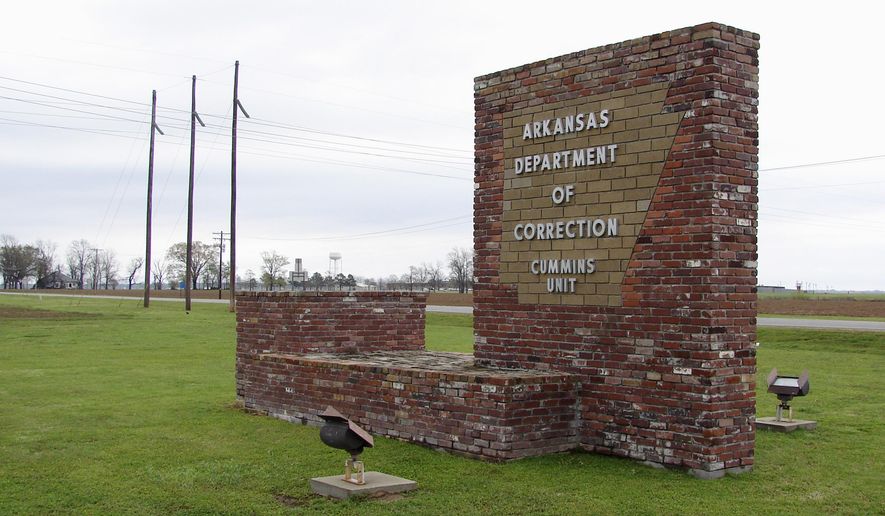 FILE - This March 25, 2017, file photo, shows a sign for the Department of Correction's Cummins Unit prison in Varner, Ark. A judge in Little Rock on Wednesday, July 12, 2017, said that a drug distributor's lawsuit may proceed against the agency. McKesson Medical-Surgical says it doesn't want its products used in Arkansas' death chamber. (AP Photo/Kelly P. Kissel, File)