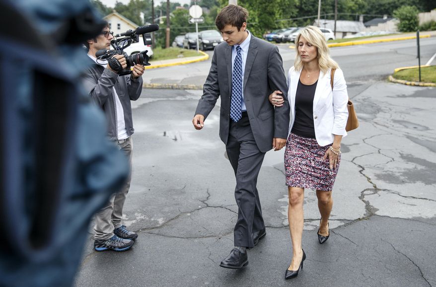 Joseph Sala, of Erie, Pa., arrives at the Centre County Courthouse in Bellefonte, Pa., Tuesday, July 11, 2017, for a preliminary hearing on charges related to the fraternity hazing death of Penn State student Timothy Piazza. (Dan Gleiter/PennLive.com via AP)