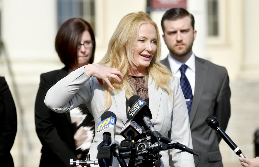 Centre County District Attorney Stacy Parks Miller speaks to the media after the third full day of a preliminary hearing for Penn State fraternity members accused in the death of Tim Piazza on Tuesday, July 11, 2017, in Bellefonte, Pa. Lawyers for members of a Penn State fraternity who face charges in the death of Piazza spent much of a daylong preliminary hearing Tuesday focusing on what their clients didn't do the night the pledge was injured. (Abby Drey/Centre Daily Times via AP)