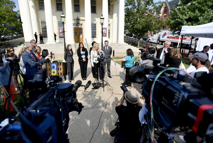 Centre County District Attorney Stacy Parks Miller speaks to the media after the third full day of a preliminary hearing for Penn State fraternity members accused in the death of Tim Piazza on Tuesday, July 11, 2017, in Bellefonte, Pa. Lawyers for members of a Penn State fraternity who face charges in the death of Piazza spent much of a daylong preliminary hearing Tuesday focusing on what their clients didn't do the night the pledge was injured. (Abby Drey/Centre Daily Times via AP)