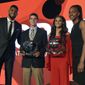 Winners MacKenzie Gore, of Whiteville High School in Whiteville, N.C., center left, and Sydney McLaughlin, of Union Catholic High School in Scotch Plains, N.J., center right, pose with NBA basketball player Karl Anthony Towns, of the Minnesota Timberwolves, left, and Tamika Catchings, right, at the 15th annual High School Athlete of the Year Awards at the Ritz-Carlton hotel on Tuesday, July 11, 2017, in Marina del Rey, Calif. (AP Photo/Chris Pizzello)